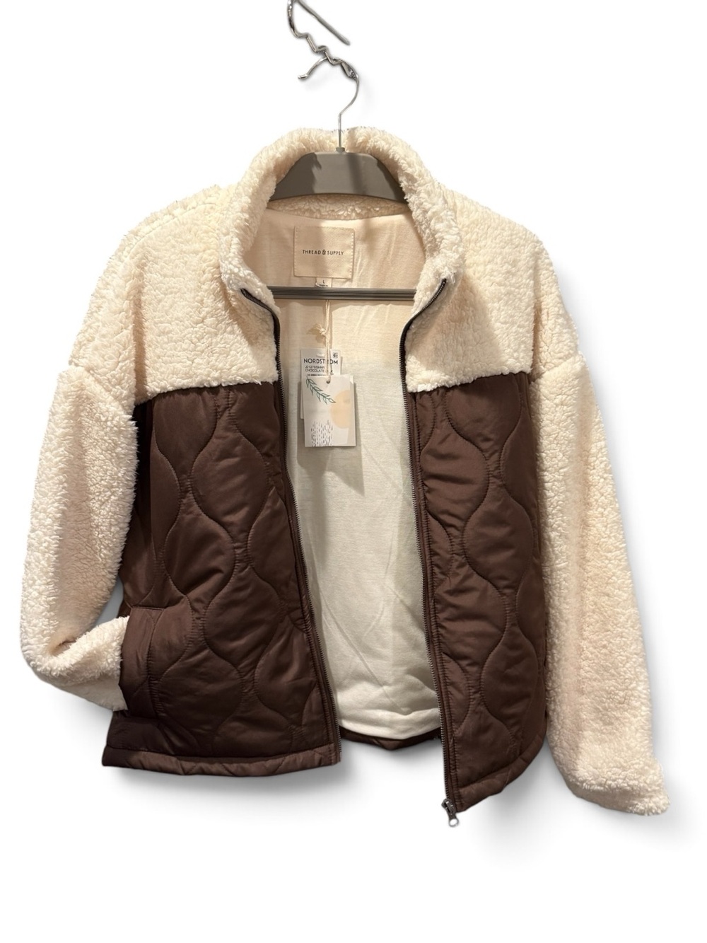 Thread & Supply fleece and quilted nylon mixed media boxy jacket brown cream L